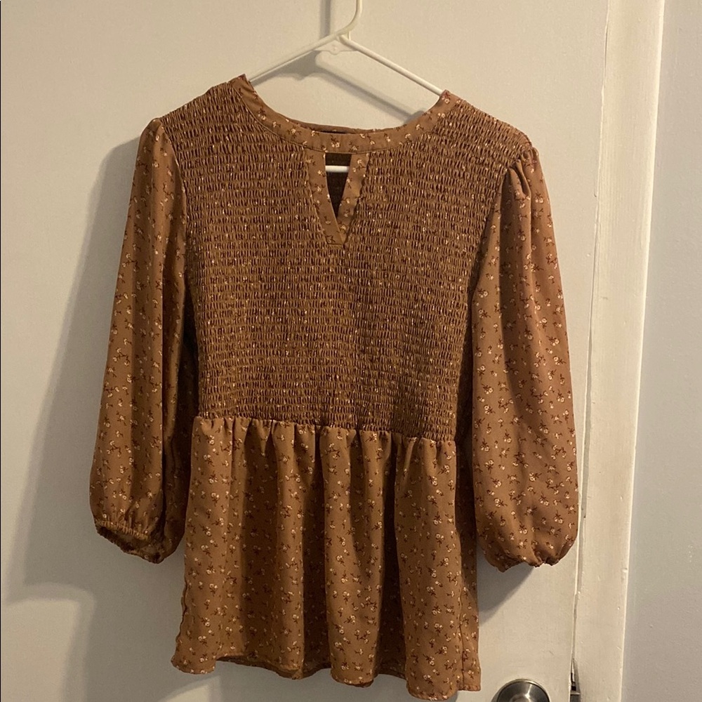 Elegant Brown Smocked Blouse